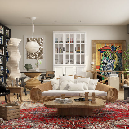 Vitrine d'angle avec étagère de rangement et bibliothèque, combinant 4 portes vitrées et 2 tiroirs