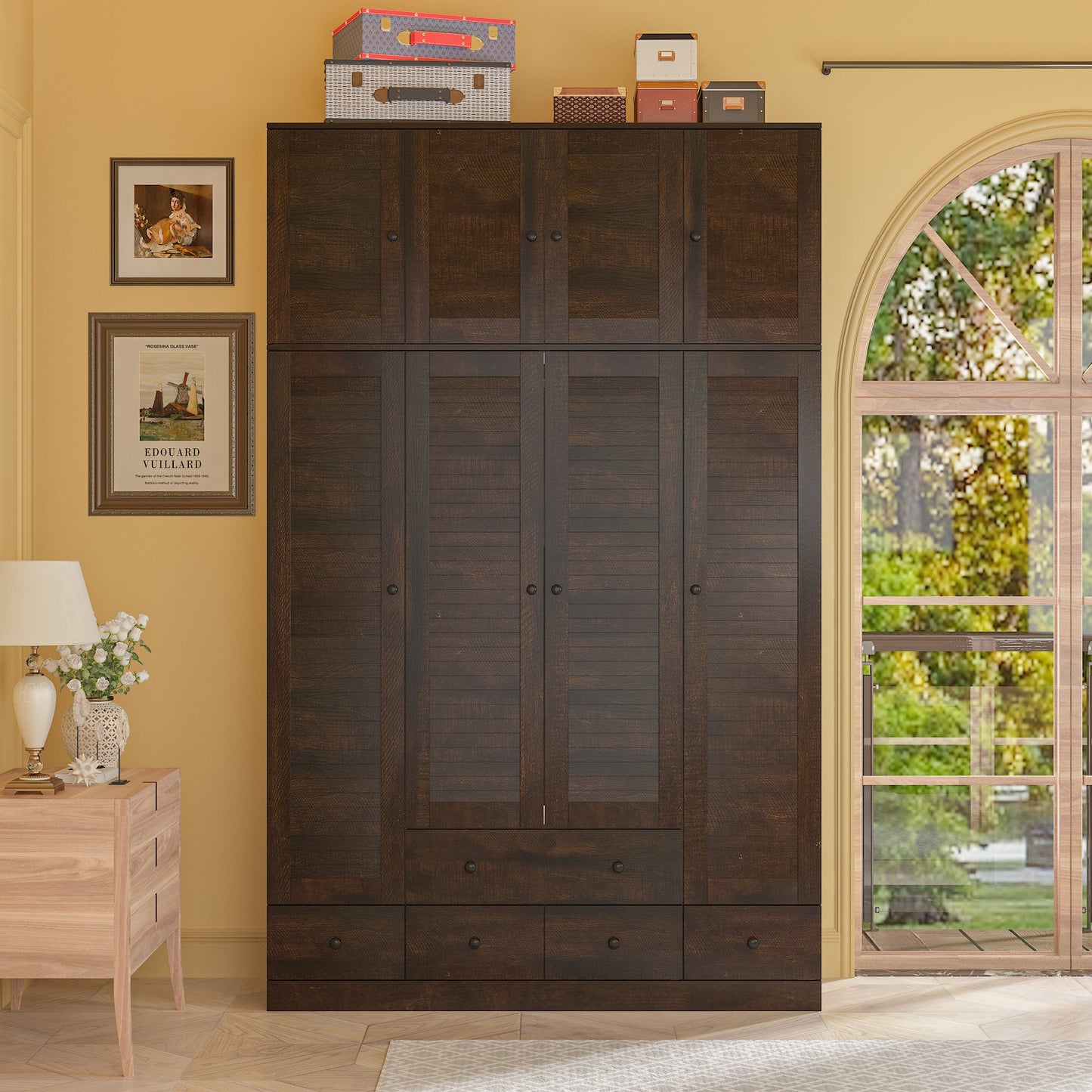 Grande armoire-penderie pour chambre à coucher, meuble de rangement à 4 portes et 5 tiroirs