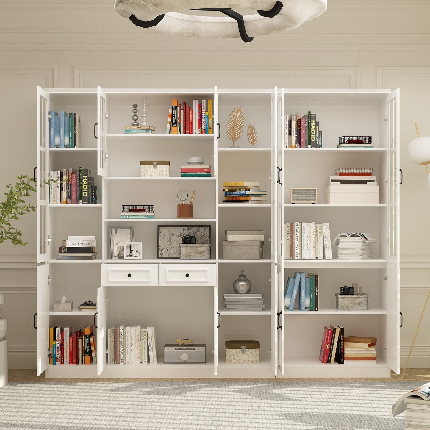 Vitrine d'angle avec étagère de rangement et bibliothèque, combinant 4 portes vitrées et 2 tiroirs