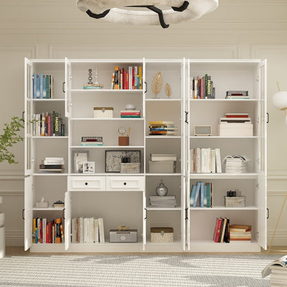 Vitrine d'angle avec étagère de rangement et bibliothèque, combinant 4 portes vitrées et 2 tiroirs