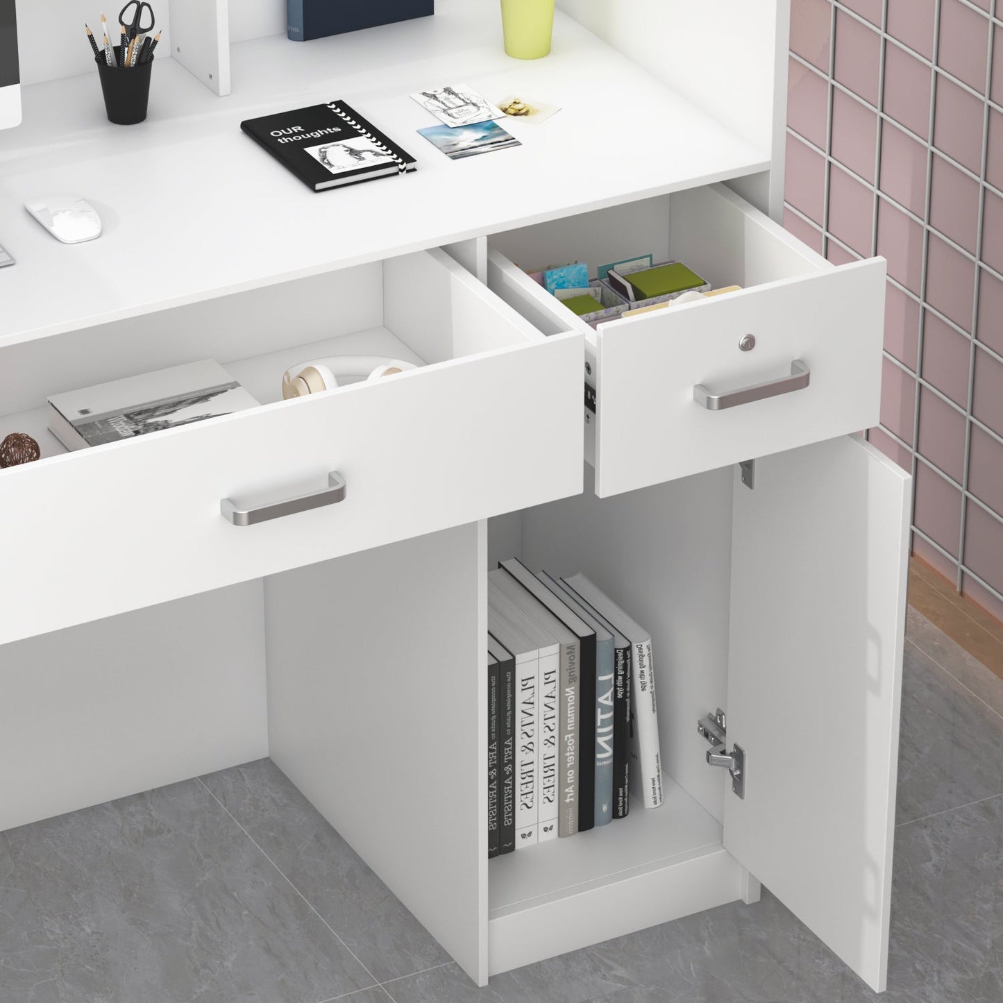 Bureau d'accueil moderne en bois avec armoire de rangement verrouillable, 47 pouces de large. 