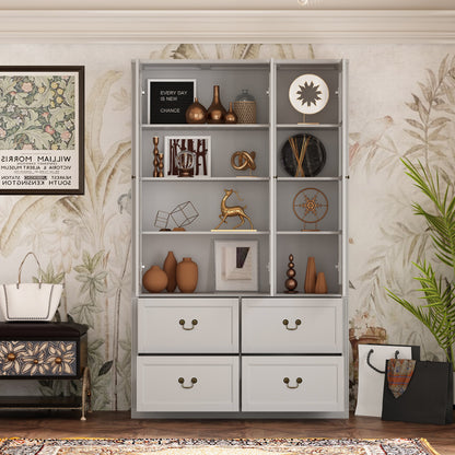 Grande bibliothèque vitrine avec étagères de rangement, 3 portes vitrées et 4 tiroirs avec poignées en métal