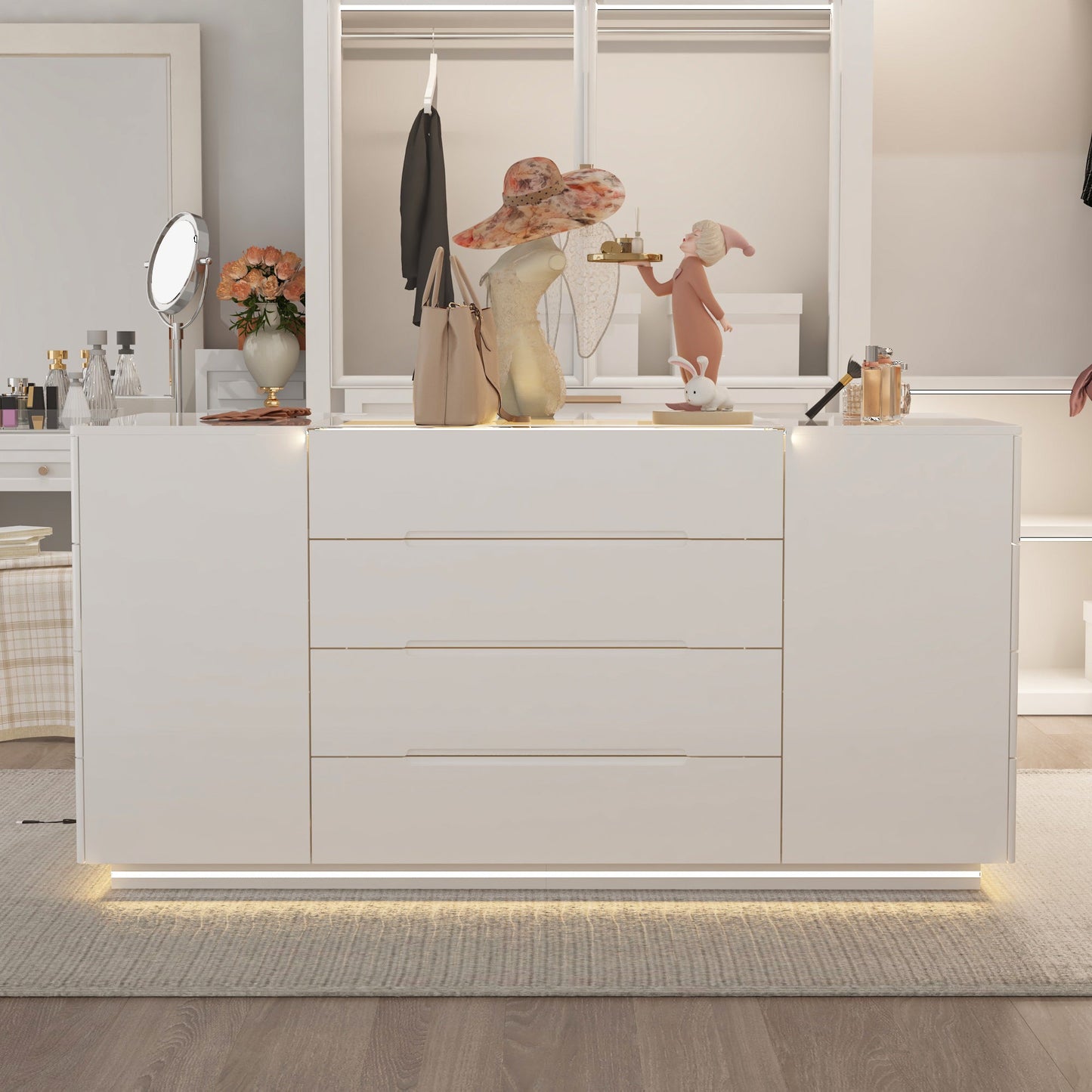 Commode à 16 tiroirs au design élégant et plateau en verre trempé