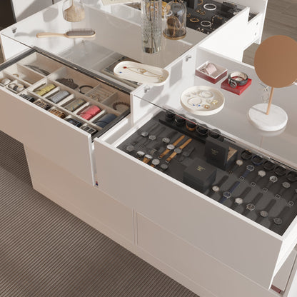 Commode à 9 tiroirs et 4 étagères avec plateau et banquette confortable