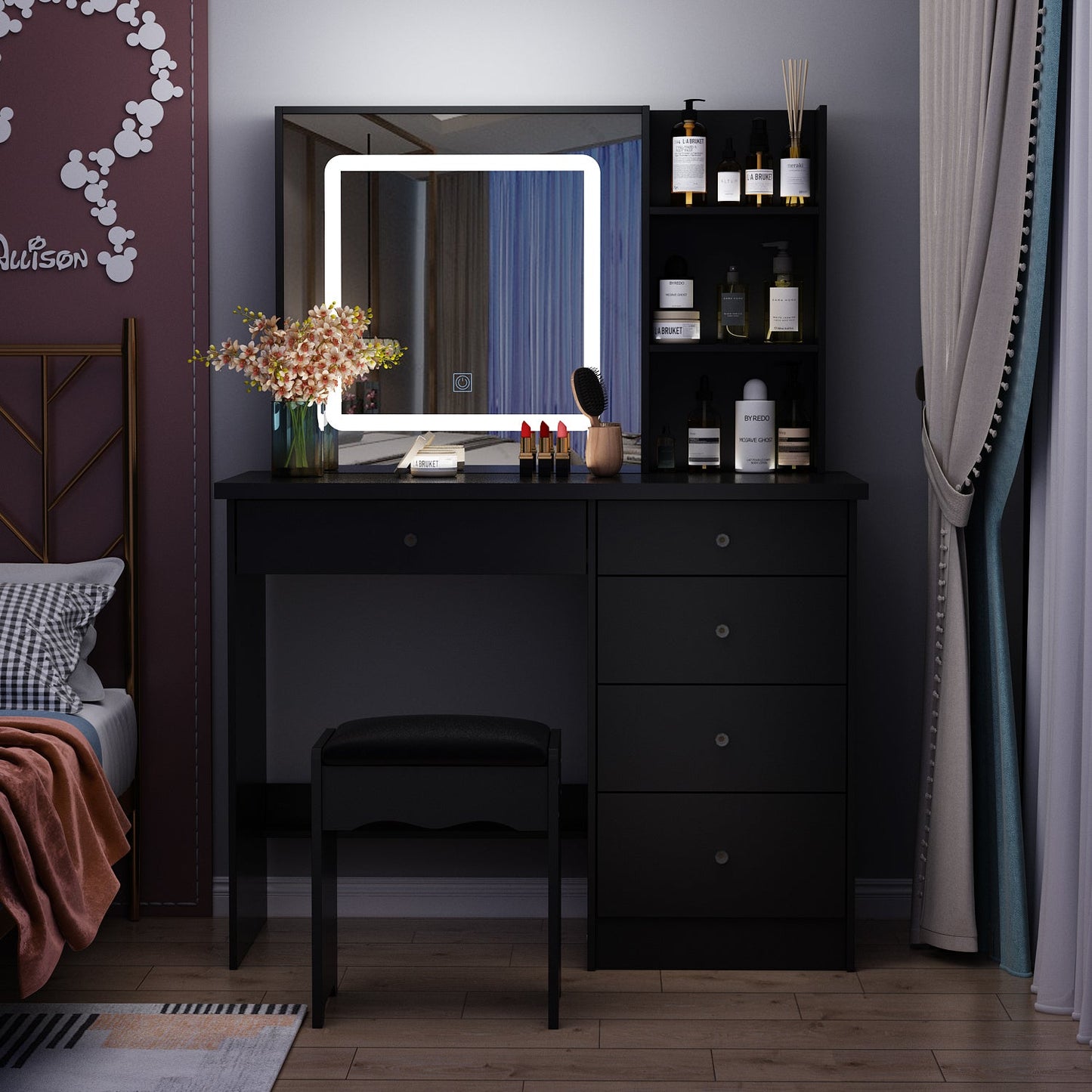 Ensemble coiffeuse avec miroir coulissant éclairé, tabouret rembourré, 5 tiroirs et étagères