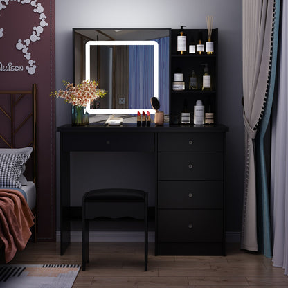 Ensemble coiffeuse avec miroir coulissant éclairé, tabouret rembourré, 5 tiroirs et étagères