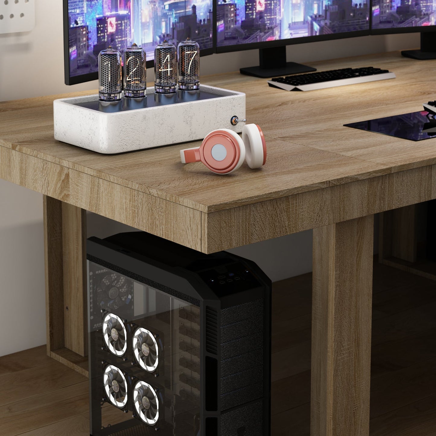 Grande table de conférence, bureau gaming avec finition bois pour réception