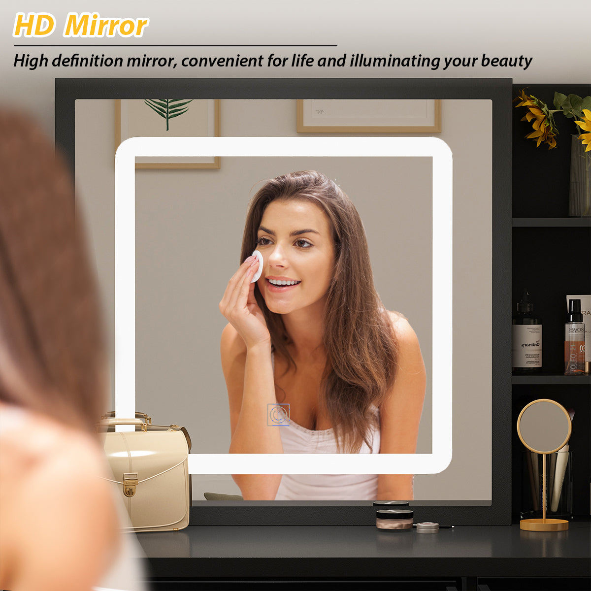 Ensemble coiffeuse avec miroir coulissant éclairé, tabouret rembourré, 5 tiroirs et étagères