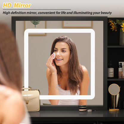 Ensemble coiffeuse avec miroir coulissant éclairé, tabouret rembourré, 5 tiroirs et étagères