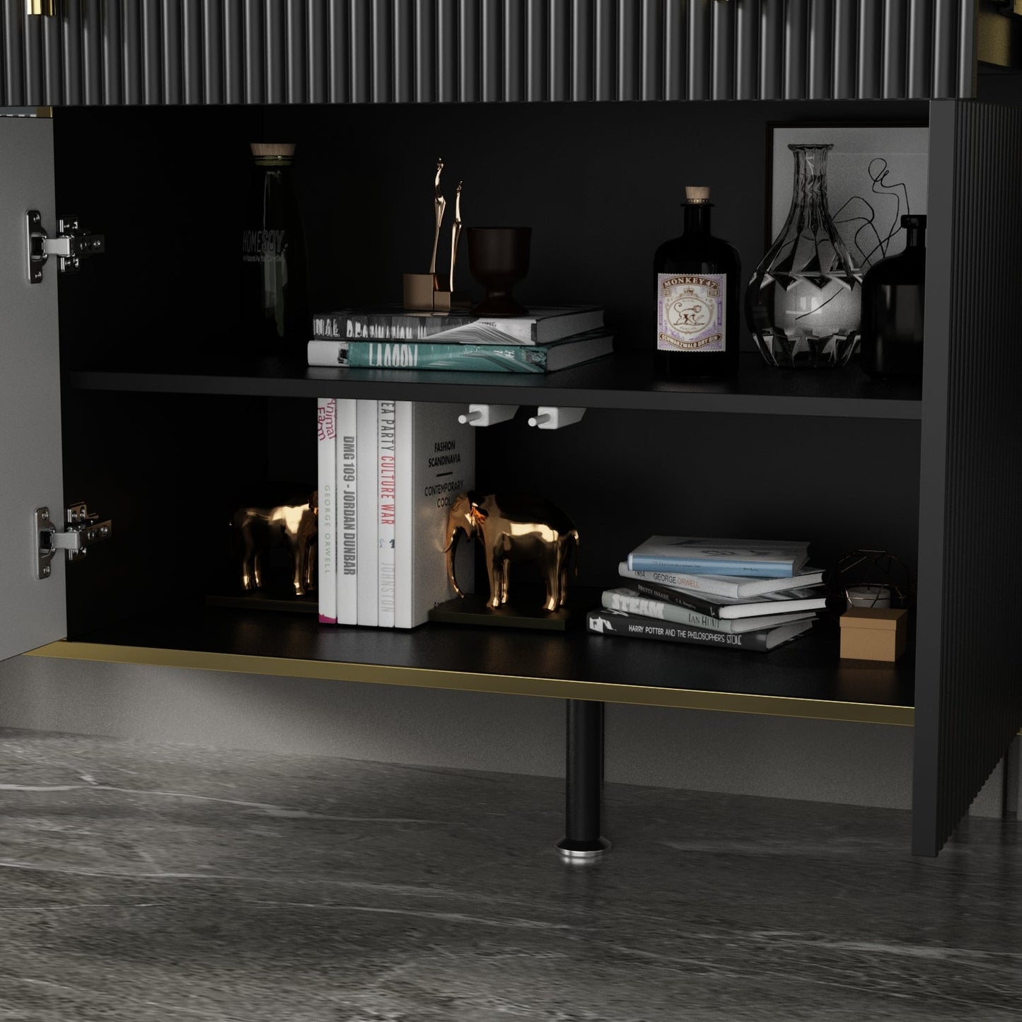 Buffet large noir avec tiroir et portes escamotables