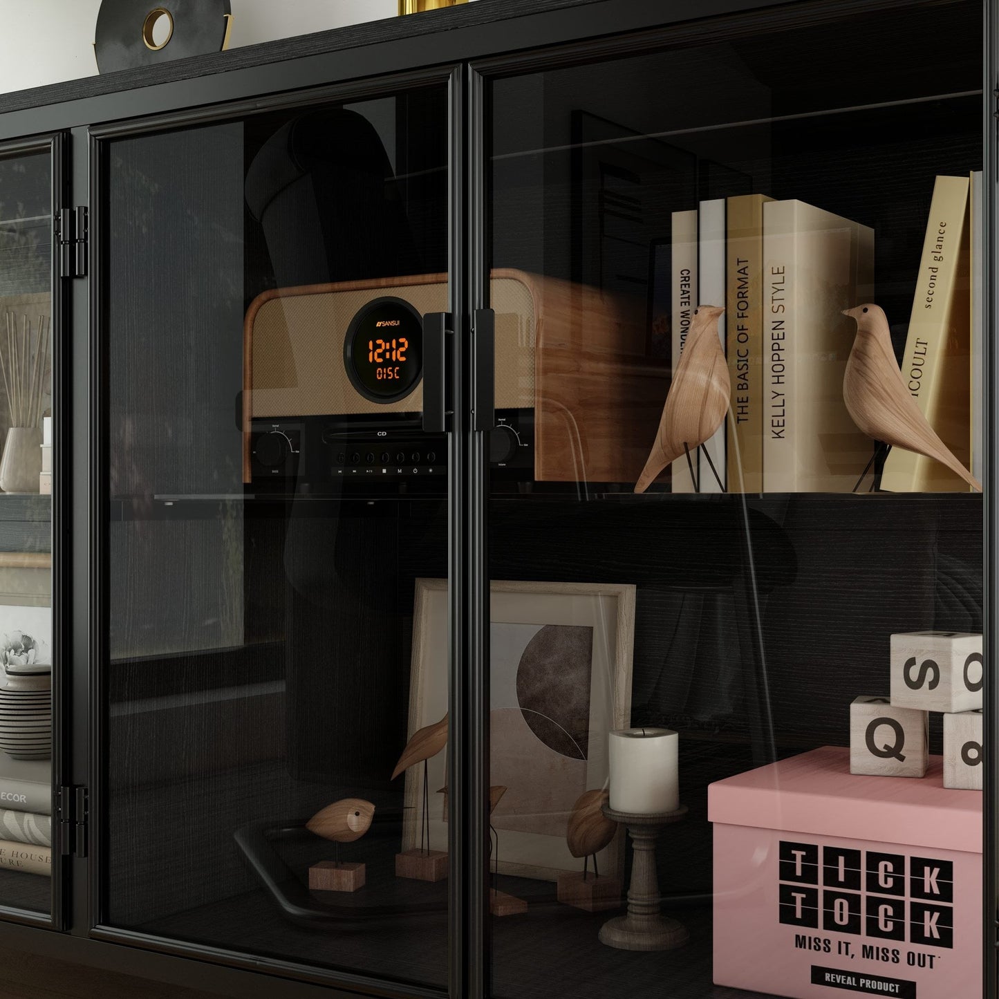 Buffet de 140 cm de large avec portes vitrées et éclairage LED