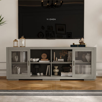 Meuble TV de rangement de 66 pouces de large avec portes coulissantes en verre