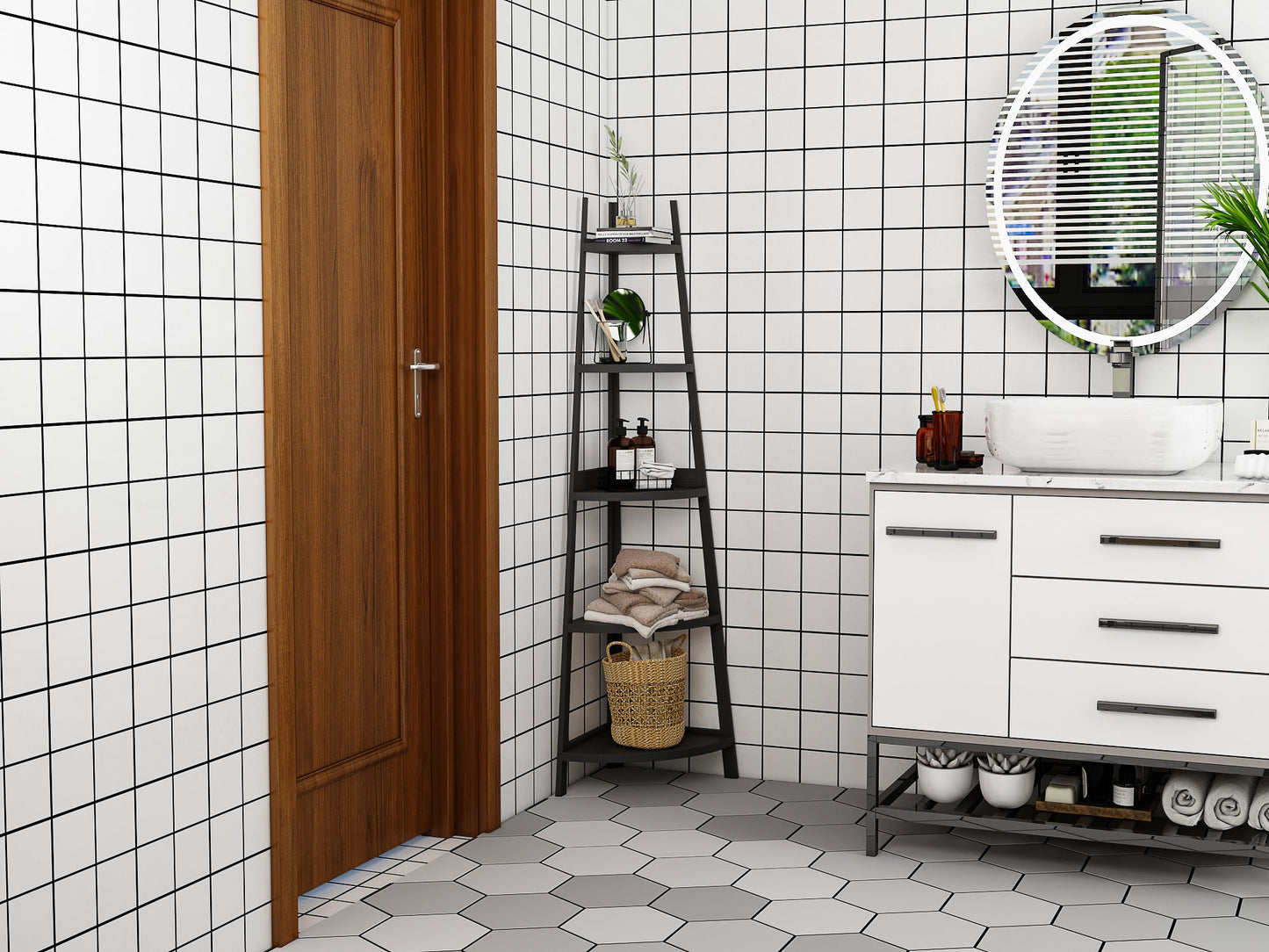 Étagère d'angle rustique à 5 niveaux, bibliothèque d'angle industrielle, étagère échelle, support pour plantes pour salon 