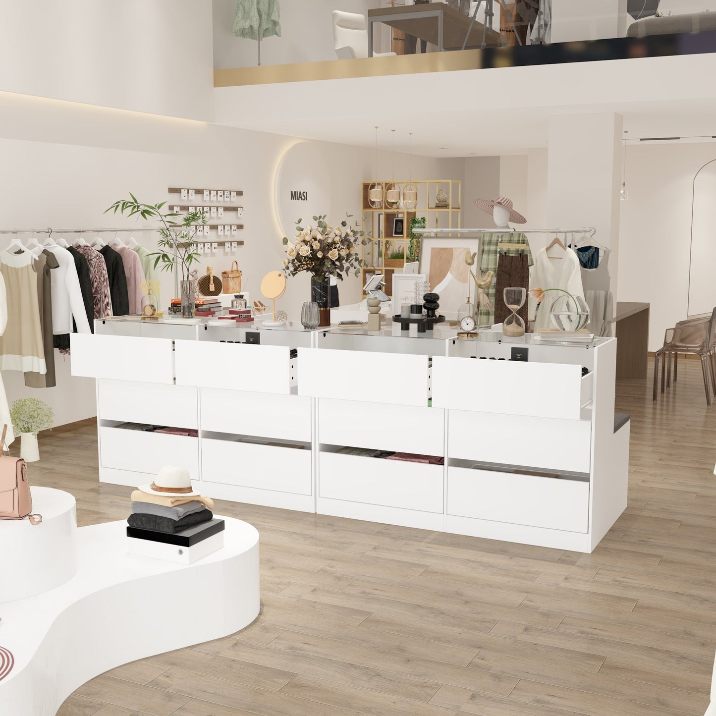 Commode à 9 tiroirs et 4 étagères avec plateau et banquette confortable