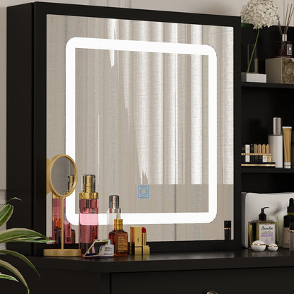 Ensemble coiffeuse avec miroir coulissant éclairé, tabouret rembourré, 5 tiroirs et étagères