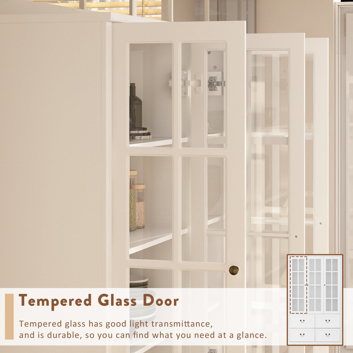 Grande bibliothèque vitrine avec étagères de rangement, 3 portes vitrées et 4 tiroirs avec poignées en métal