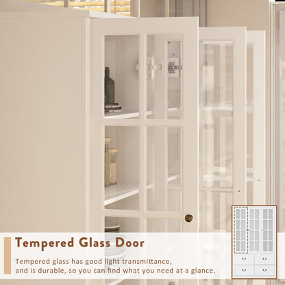 Grande bibliothèque vitrine avec étagères de rangement, 3 portes vitrées et 4 tiroirs avec poignées en métal