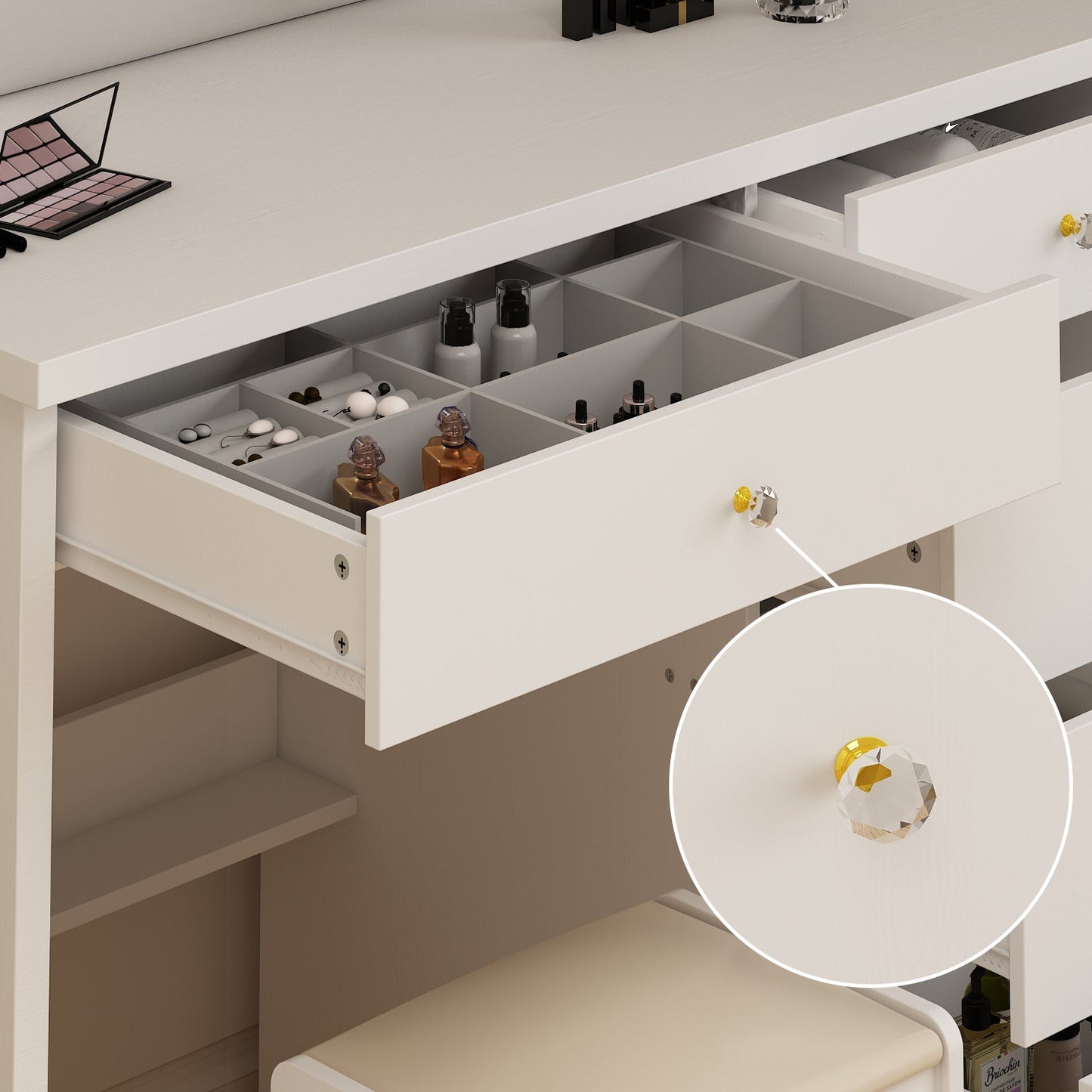 Ensemble coiffeuse avec miroir coulissant éclairé, tabouret rembourré, 5 tiroirs et étagères