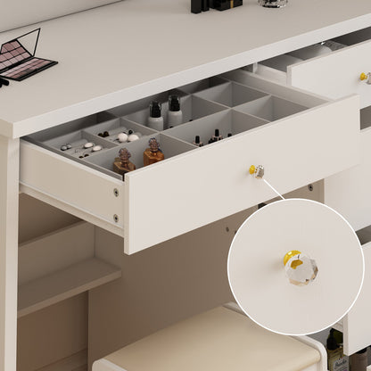 Ensemble coiffeuse avec miroir coulissant éclairé, tabouret rembourré, 5 tiroirs et étagères