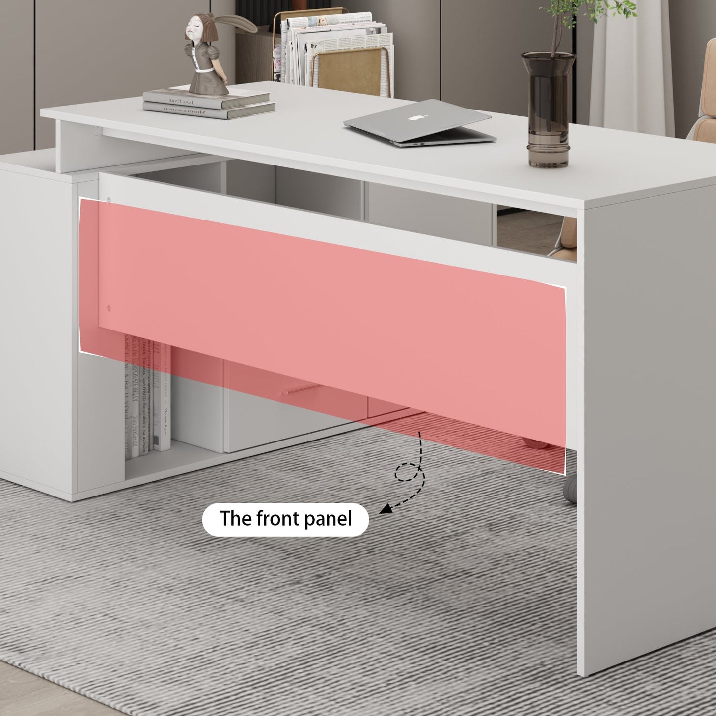 Bureau d'ordinateur en forme de L avec tiroirs et étagères, idéal pour écrire et jouer à domicile.