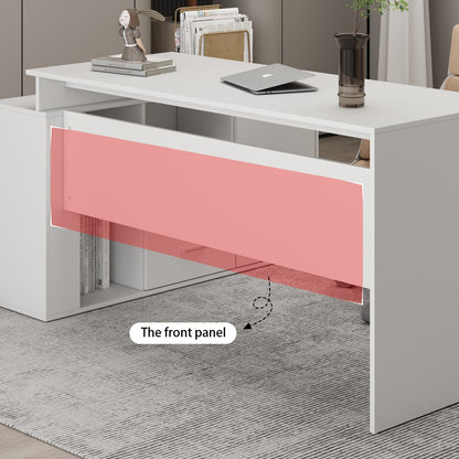 Bureau d'ordinateur en forme de L avec tiroirs et étagères, idéal pour écrire et jouer à domicile.