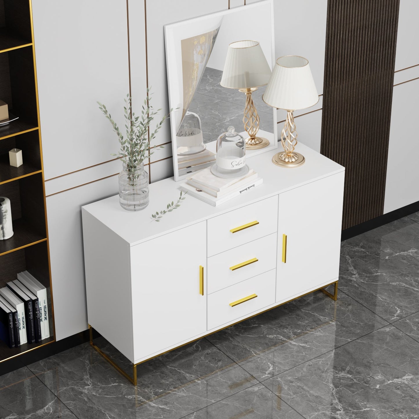 Meuble de rangement à 3 tiroirs et 2 portes, pieds en métal, pour salle à manger et salon