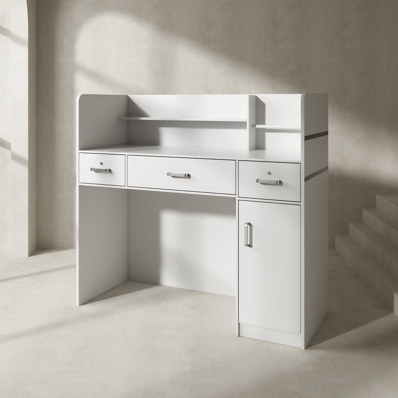 Bureau d'accueil moderne en bois avec armoire de rangement verrouillable, 47 pouces de large. 