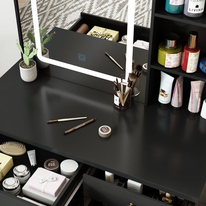 Ensemble coiffeuse avec miroir coulissant éclairé, tabouret rembourré, 5 tiroirs et étagères