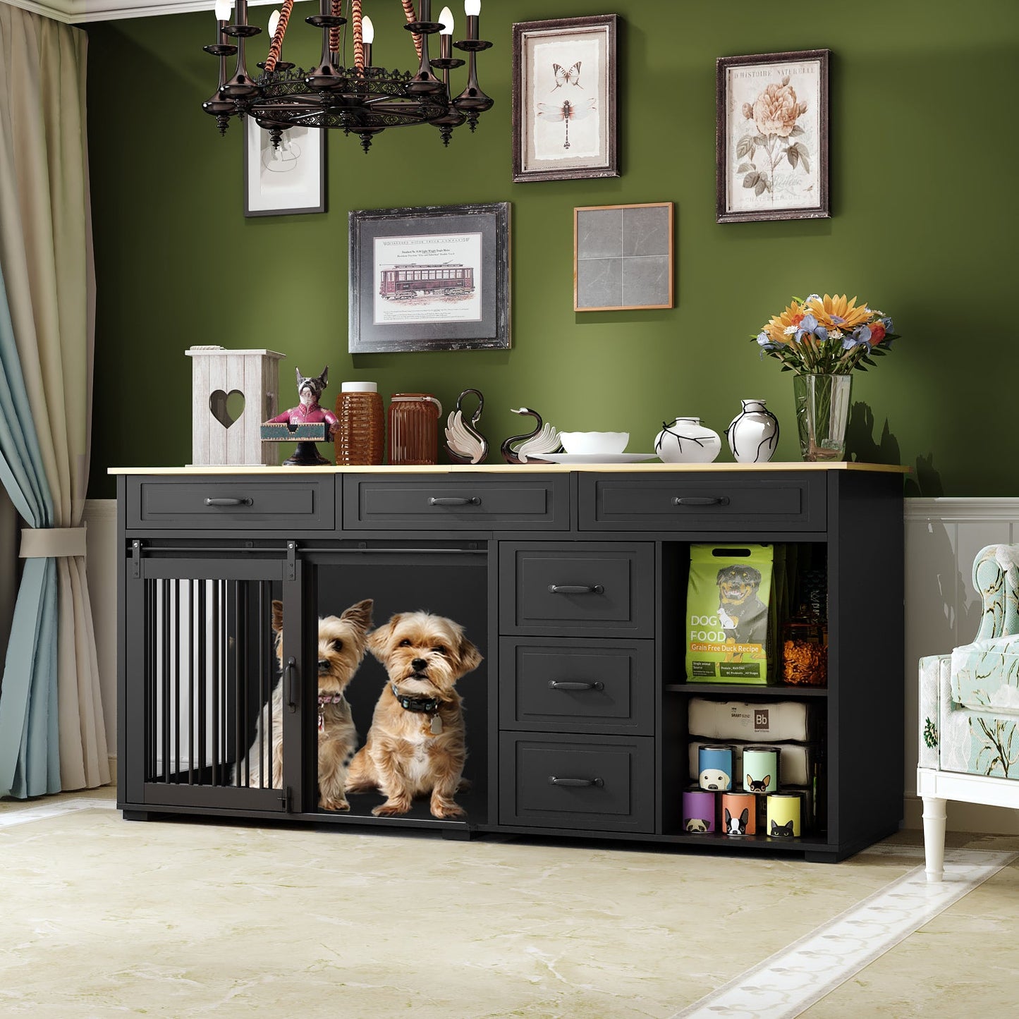 Cage pour chien à 6 tiroirs et 2 compartiments avec porte de style grange