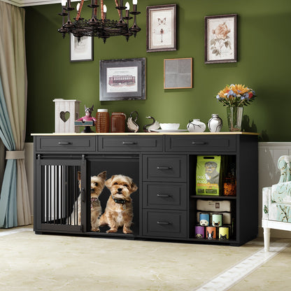 Cage pour chien à 6 tiroirs et 2 compartiments avec porte de style grange