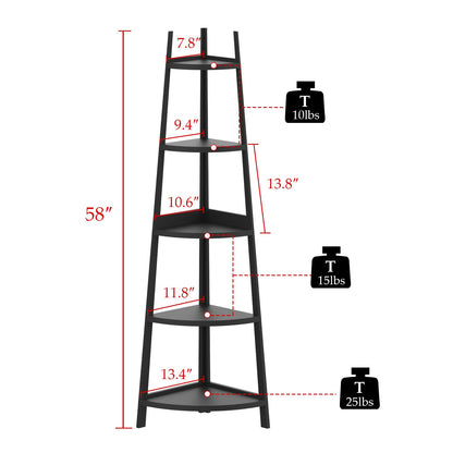 Étagère d'angle rustique à 5 niveaux, bibliothèque d'angle industrielle, étagère échelle, support pour plantes pour salon 