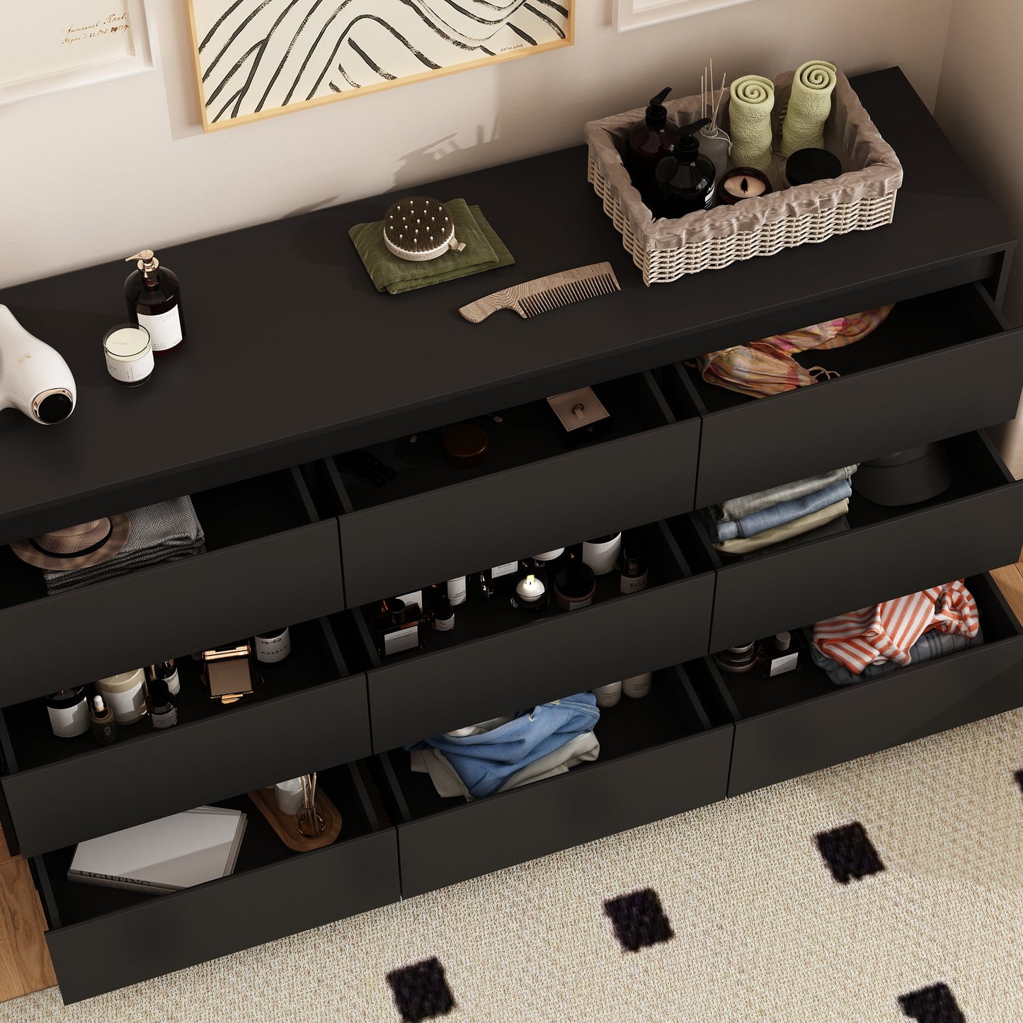 Buffet large à trois tiroirs avec rangement et 9 tiroirs