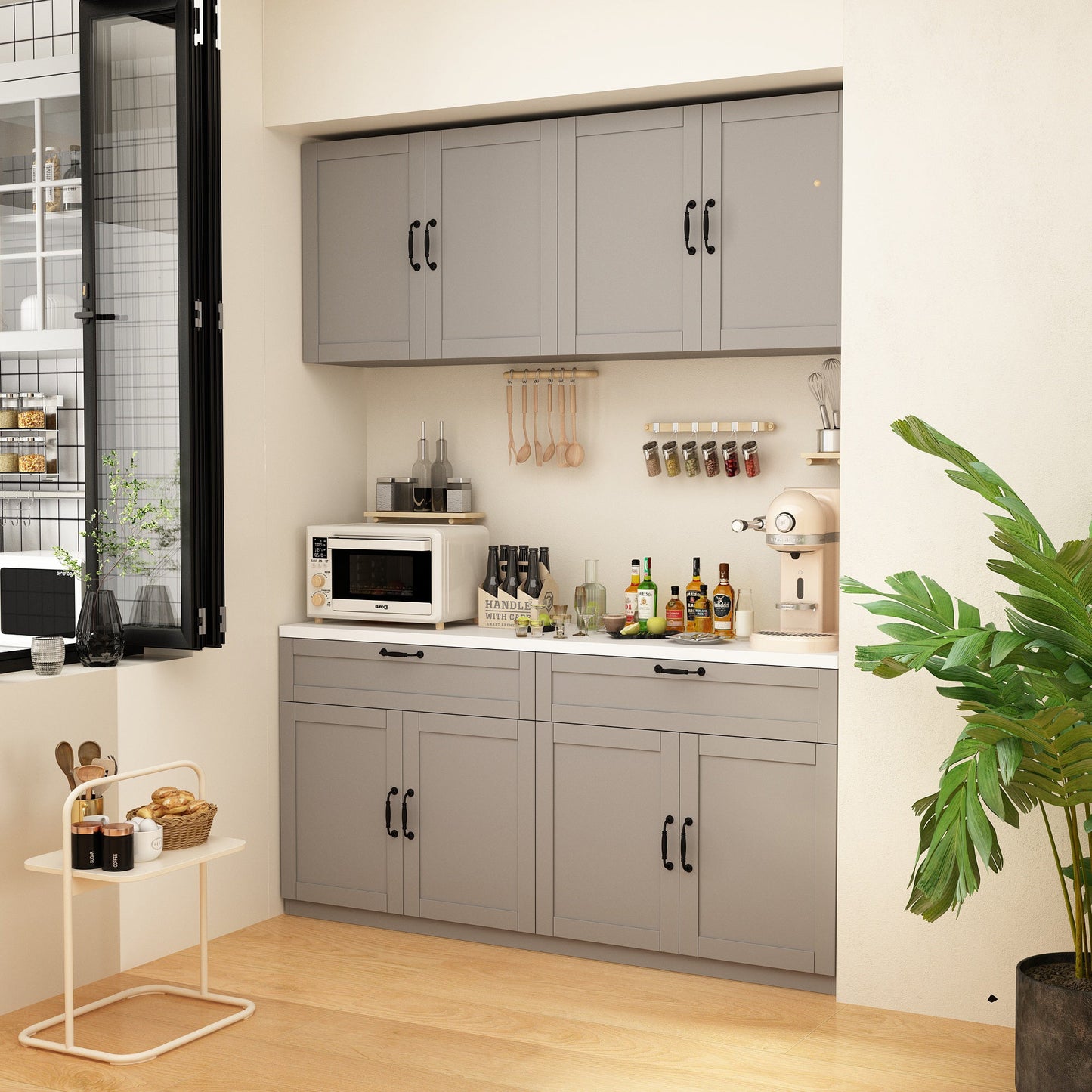 Buffet de cuisine avec placard de rangement et grand plan de travail.