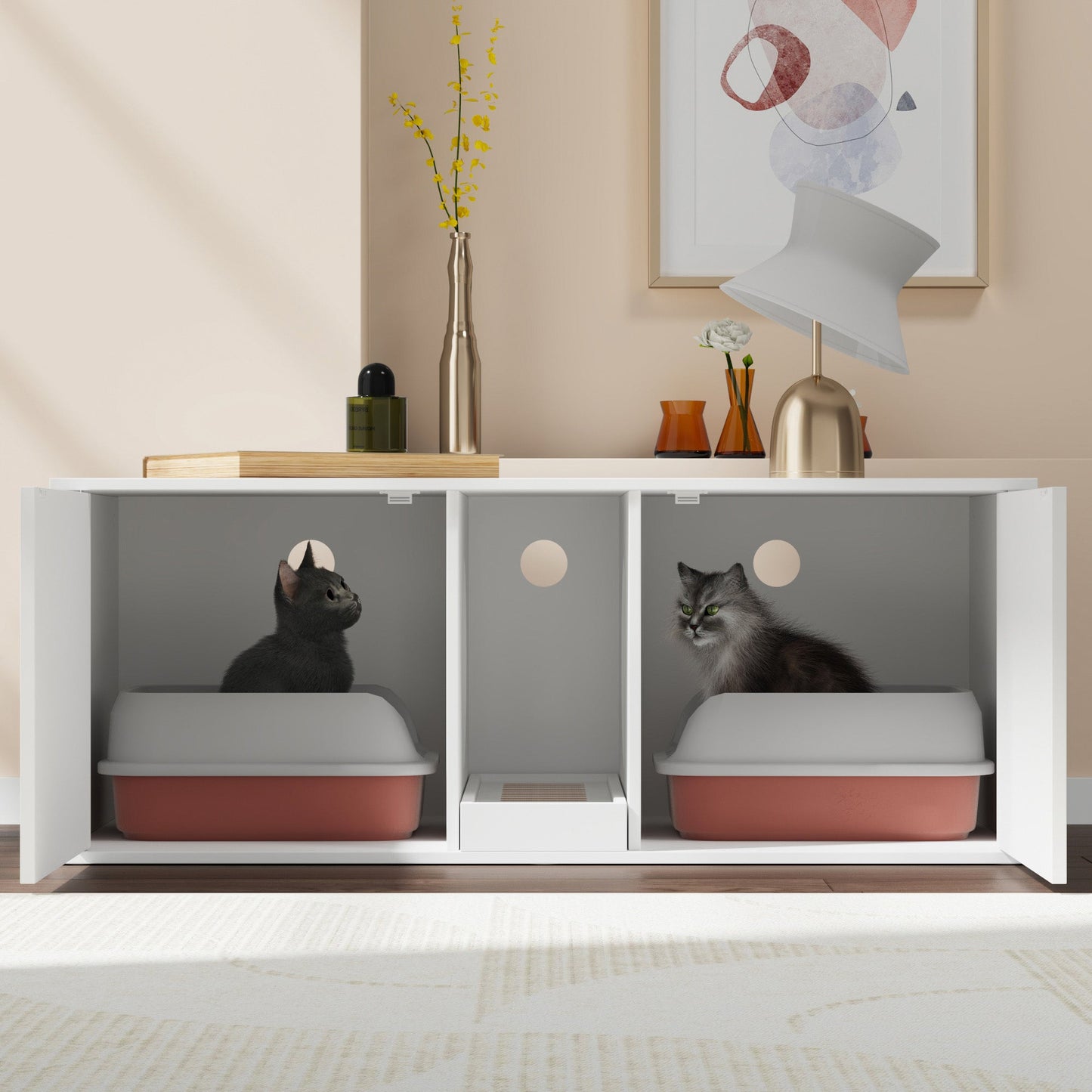 Enclos double pour litière avec portes en sisal et rangement