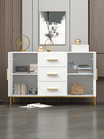 Meuble de rangement à 3 tiroirs et 2 portes, pieds en métal, pour salle à manger et salon