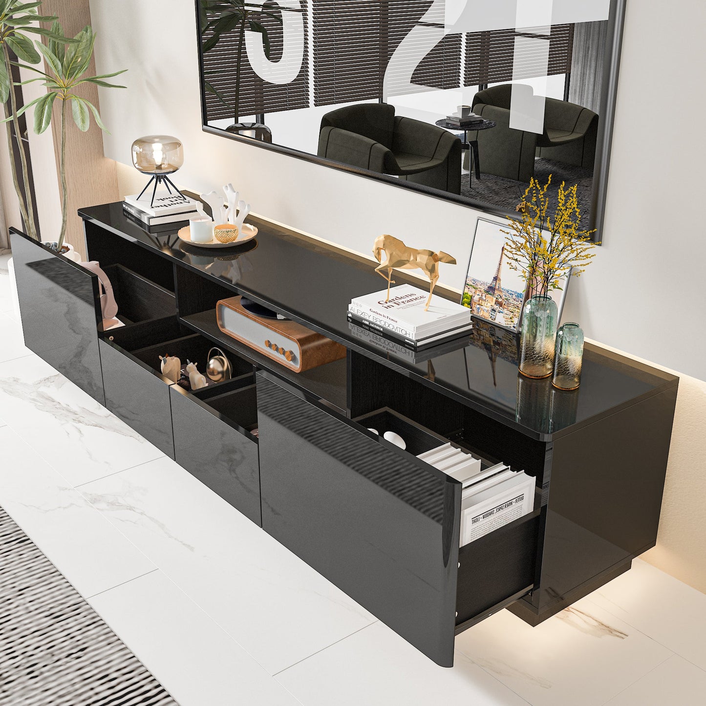 Meuble TV LED, console, centre multimédia, finition brillante