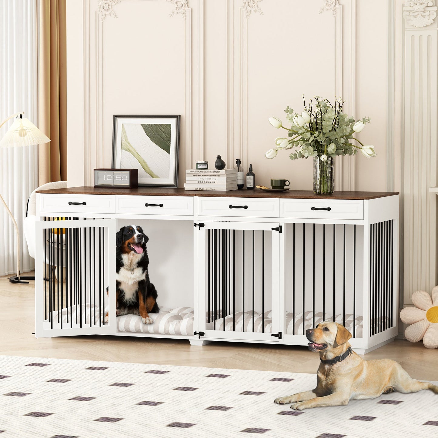 Meuble pour grande cage de chien avec séparateurs et 4 tiroirs