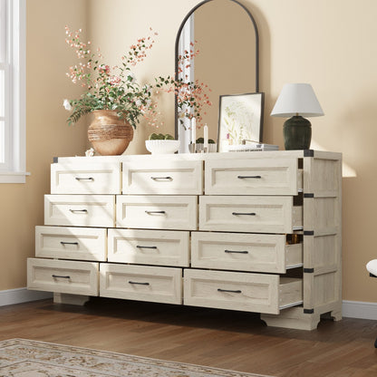 Commode rustique en bois de style campagnard, 12 tiroirs, 175,5 cm de large