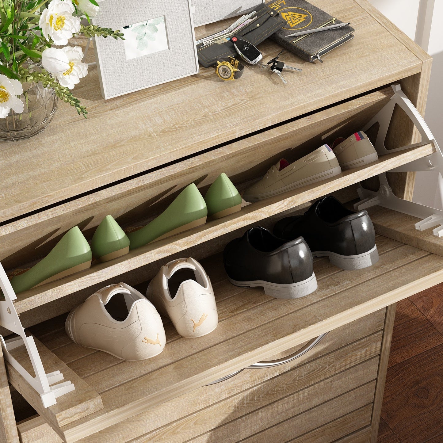 Meuble à chaussures à 2 tiroirs rabattables, meuble de rangement à chaussures à 2 niveaux pour entrée 