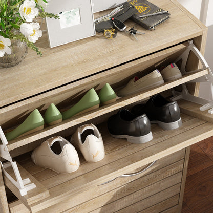 Meuble à chaussures à 2 tiroirs rabattables, meuble de rangement à chaussures à 2 niveaux pour entrée 