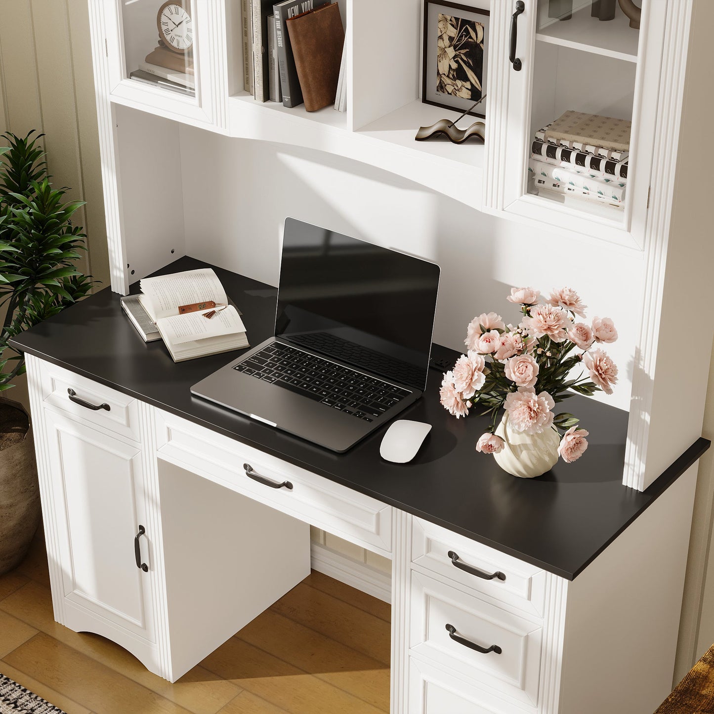 Bureau d'ordinateur à 6 tiroirs avec étagère et prise, 78,7 cm de hauteur x 58 cm de largeur