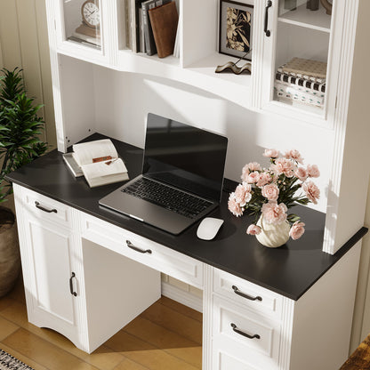 Bureau d'ordinateur à 6 tiroirs avec étagère et prise, 78,7 cm de hauteur x 58 cm de largeur