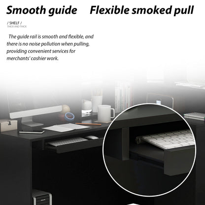 Bureau d'accueil en forme de L avec grands classeurs de rangement 