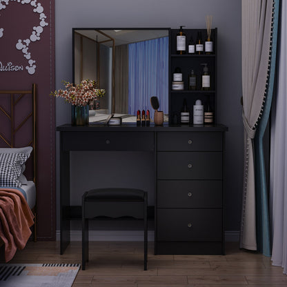 Ensemble coiffeuse avec miroir coulissant éclairé, tabouret rembourré, 5 tiroirs et étagères