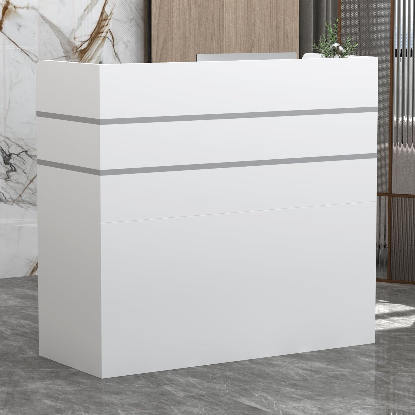 Bureau d'accueil moderne en bois avec armoire de rangement verrouillable, 47 pouces de large. 