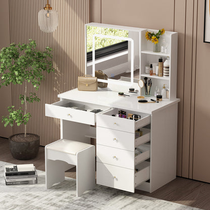 Ensemble coiffeuse avec miroir coulissant éclairé, tabouret rembourré, 5 tiroirs et étagères