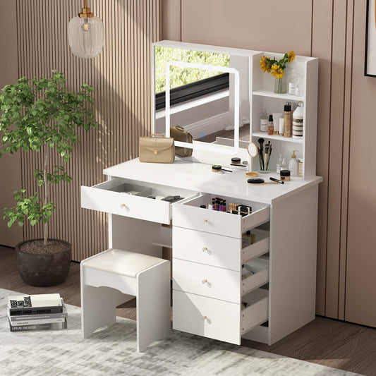Ensemble coiffeuse avec miroir coulissant éclairé, tabouret rembourré, 5 tiroirs et étagères