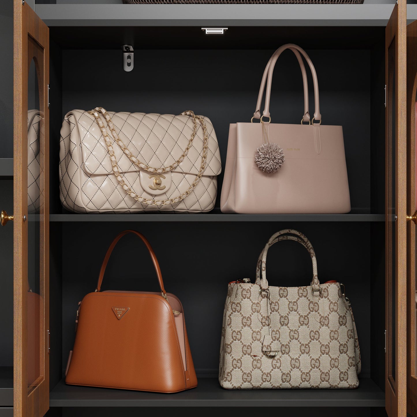 Système de dressing à 4 portes vitrées et 4 tiroirs avec banc de rangement pour chaussures