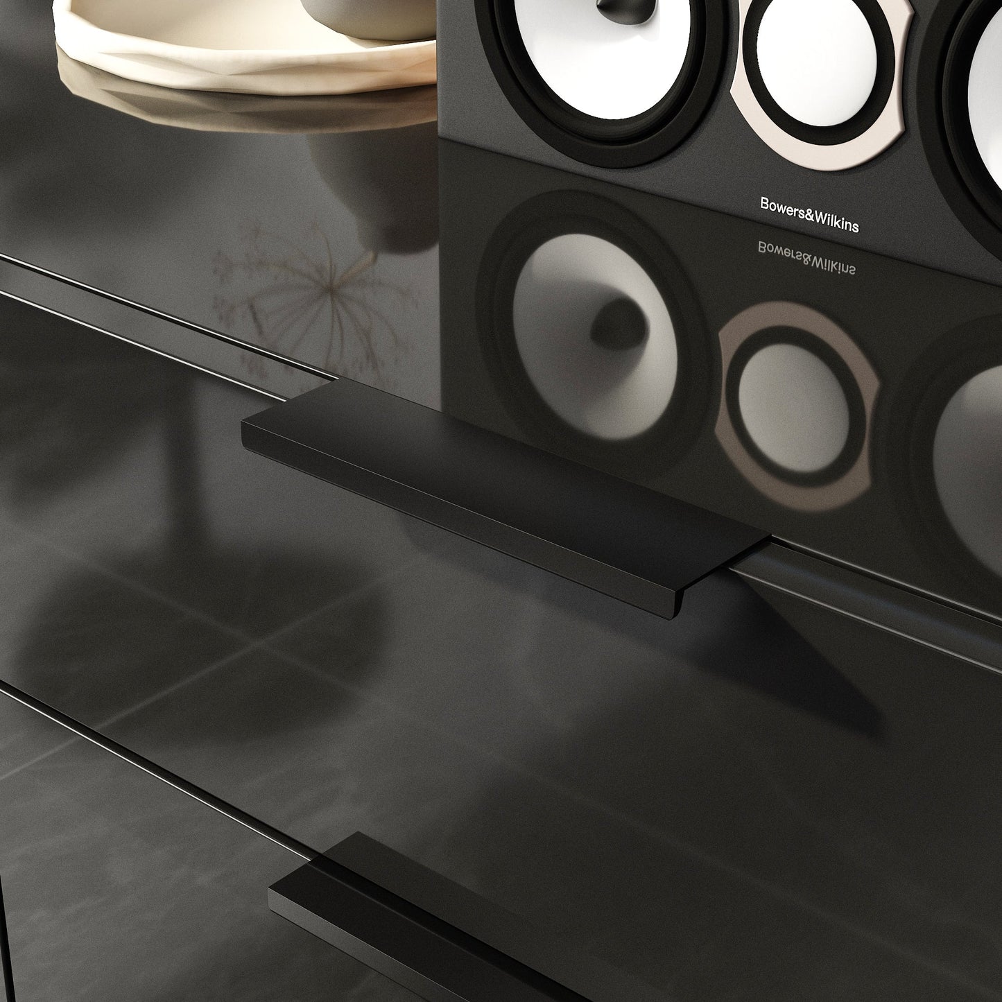 Meuble TV/centre multimédia de 200 cm de large avec 5 tiroirs, finition brillante et design effet pierre, et rangement intégré.