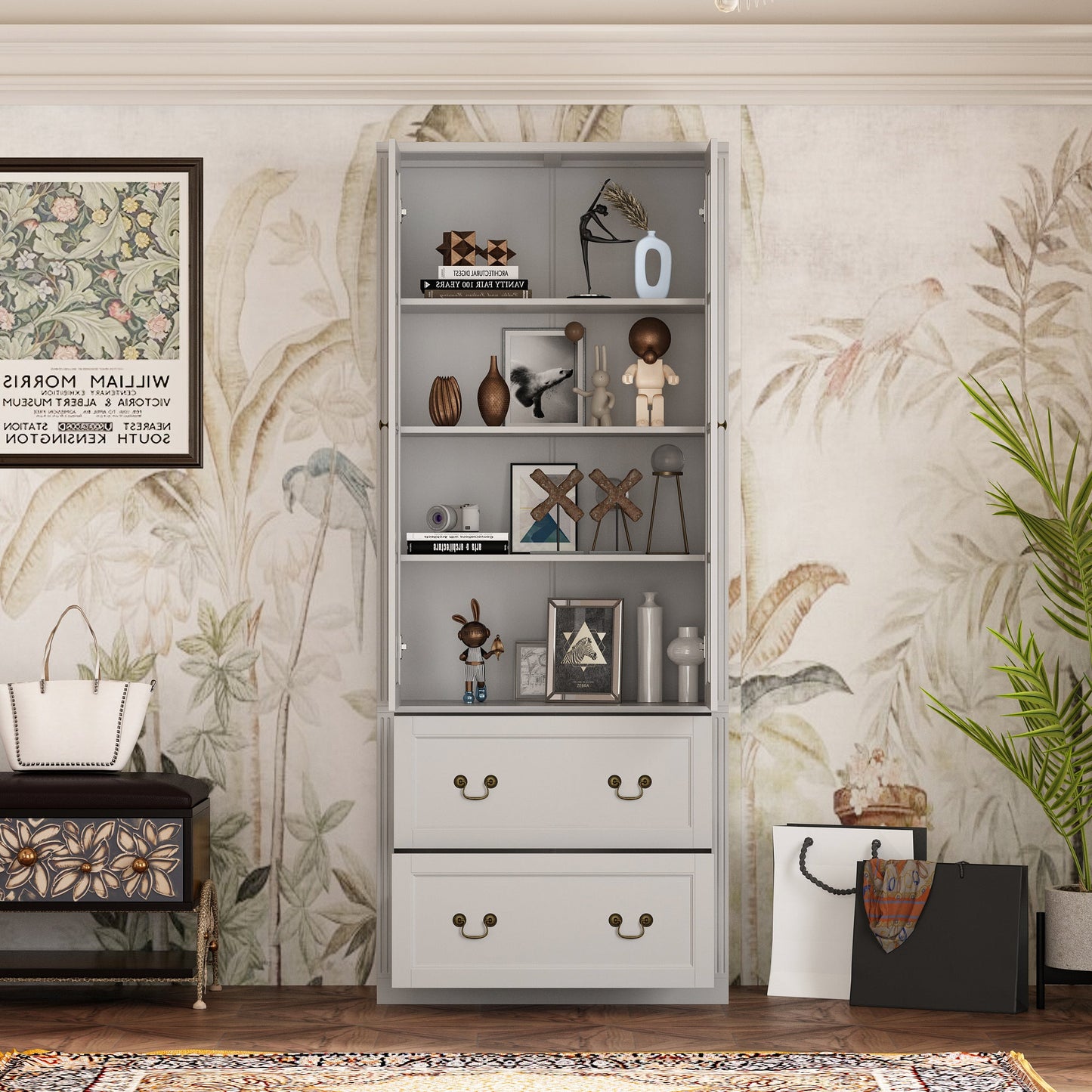 Bibliothèque vitrine avec 2 tiroirs et portes vitrées